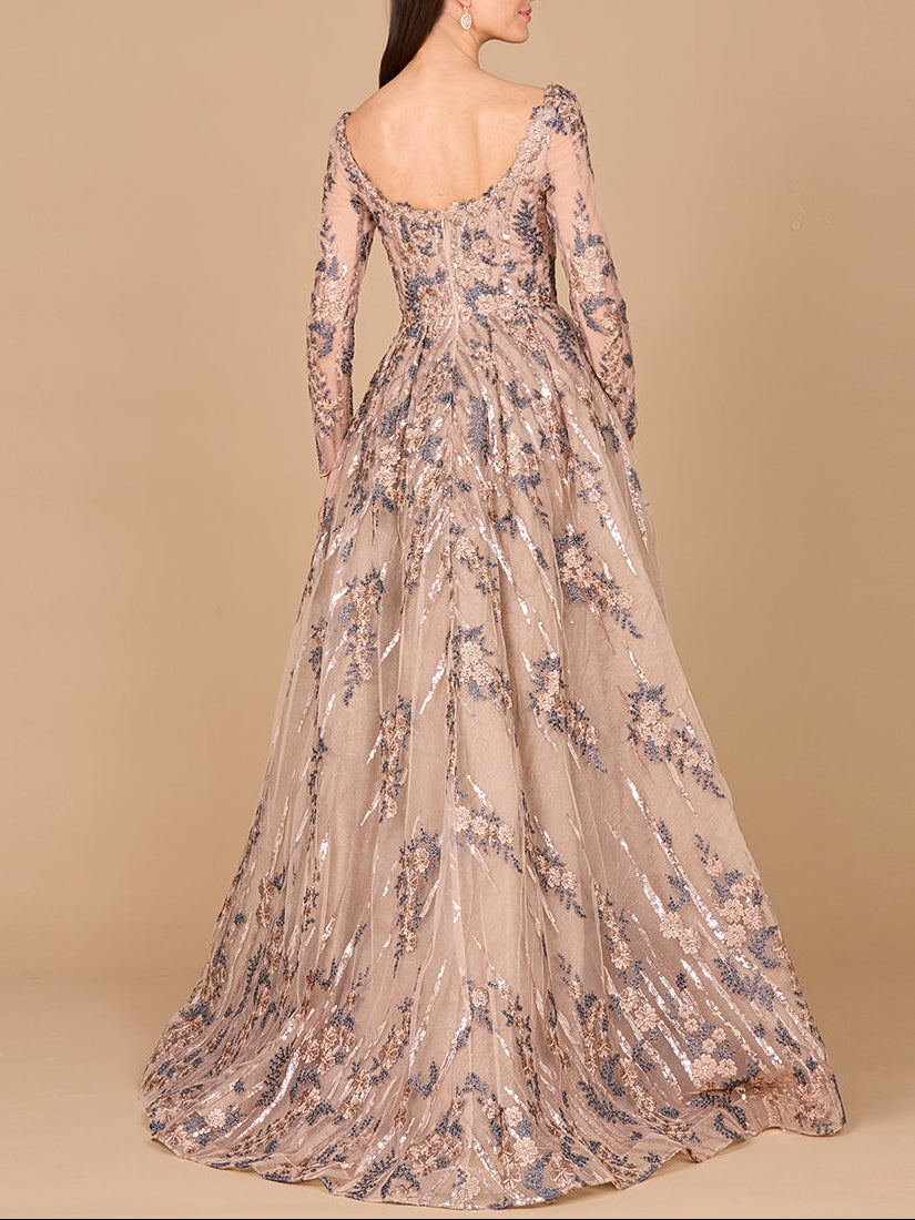 Long Sleeve Scoop Neck Lace Gown with Overskirt - Glamourous Grace