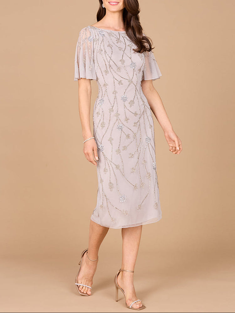 Beaded Midi Dress with Cape Sleeves - Glamourous Grace