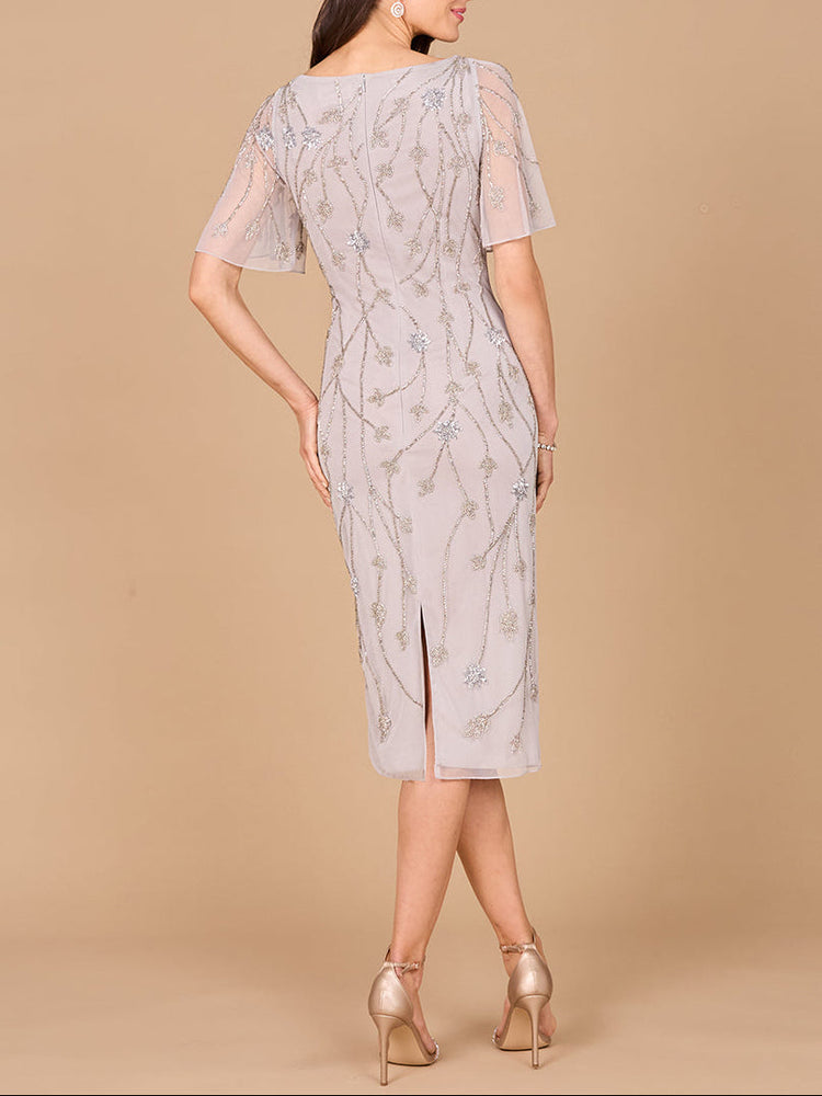 Beaded Midi Dress with Cape Sleeves - Glamourous Grace