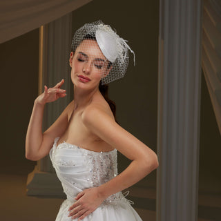 Elegant  Bridal Fascinator with Birdcage Veil, Pearls & Feathers - Glamourous Grace