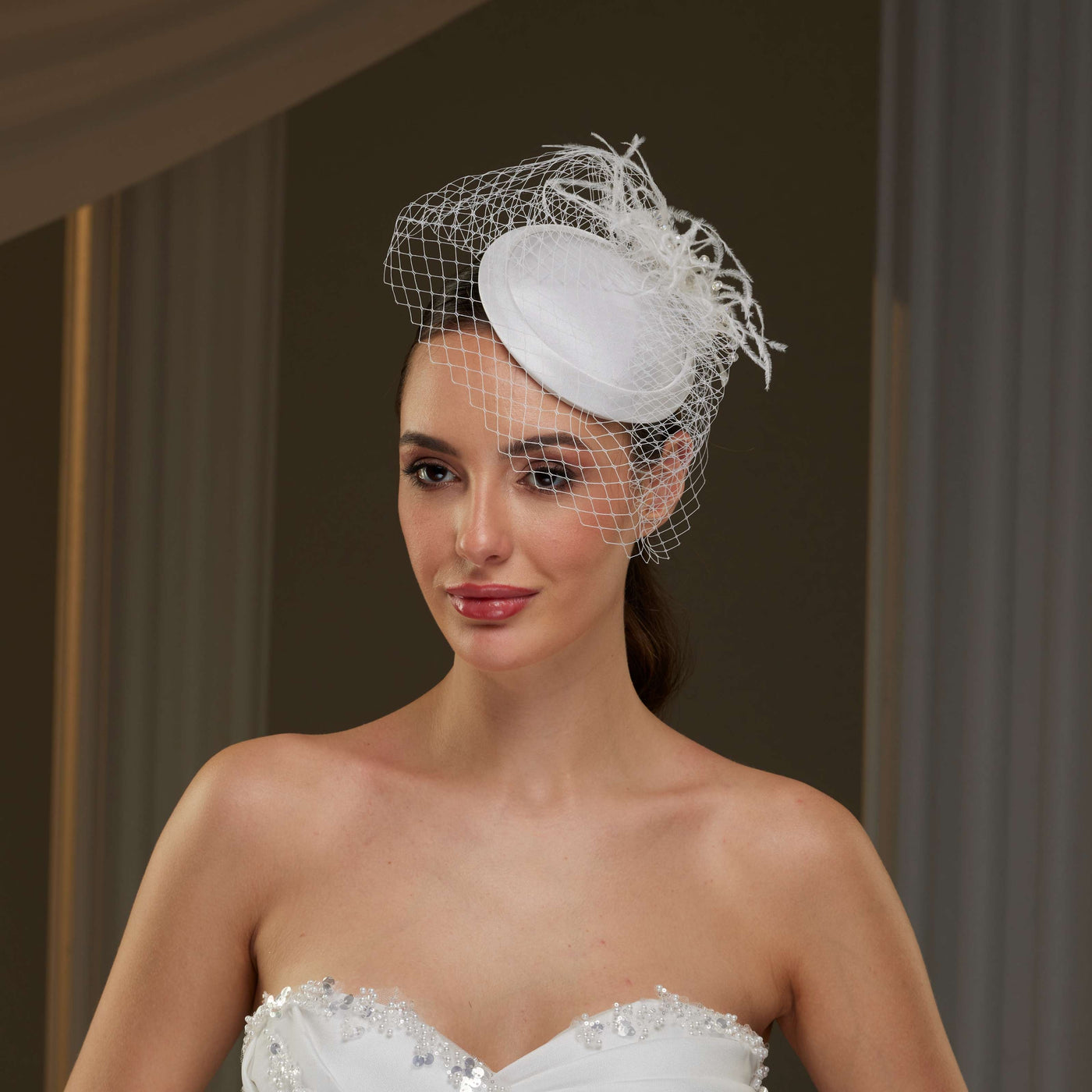 Bridal Fascinator with Blusher Veil and Feathers - Glamourous Grace