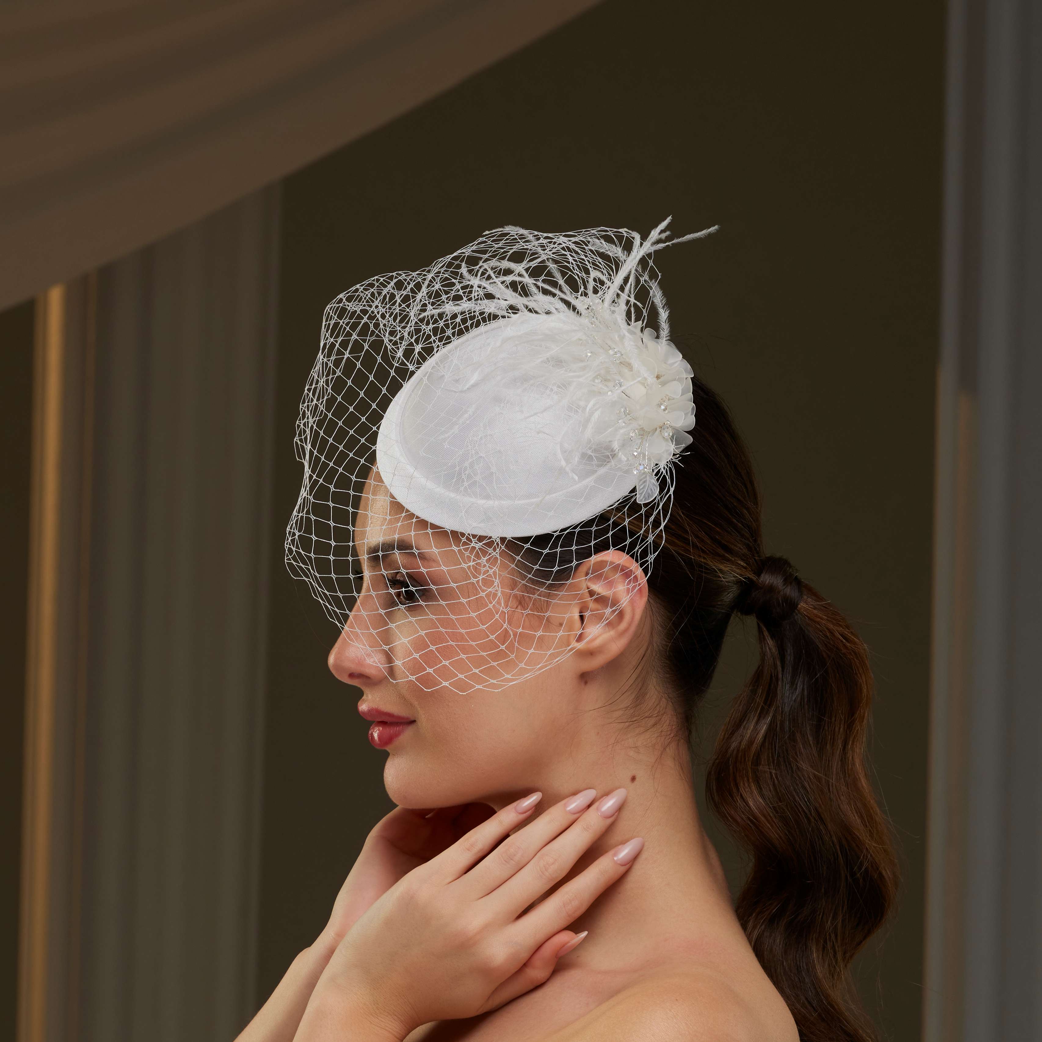Bridal Fascinator with Blusher Veil and Feathers - Glamourous Grace
