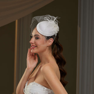 Bridal Fascinator with Blusher Veil and Feathers - Glamourous Grace