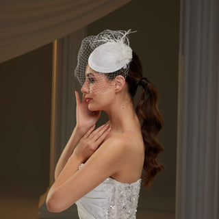 Bridal Fascinator with Blusher Veil and Feathers - Glamourous Grace