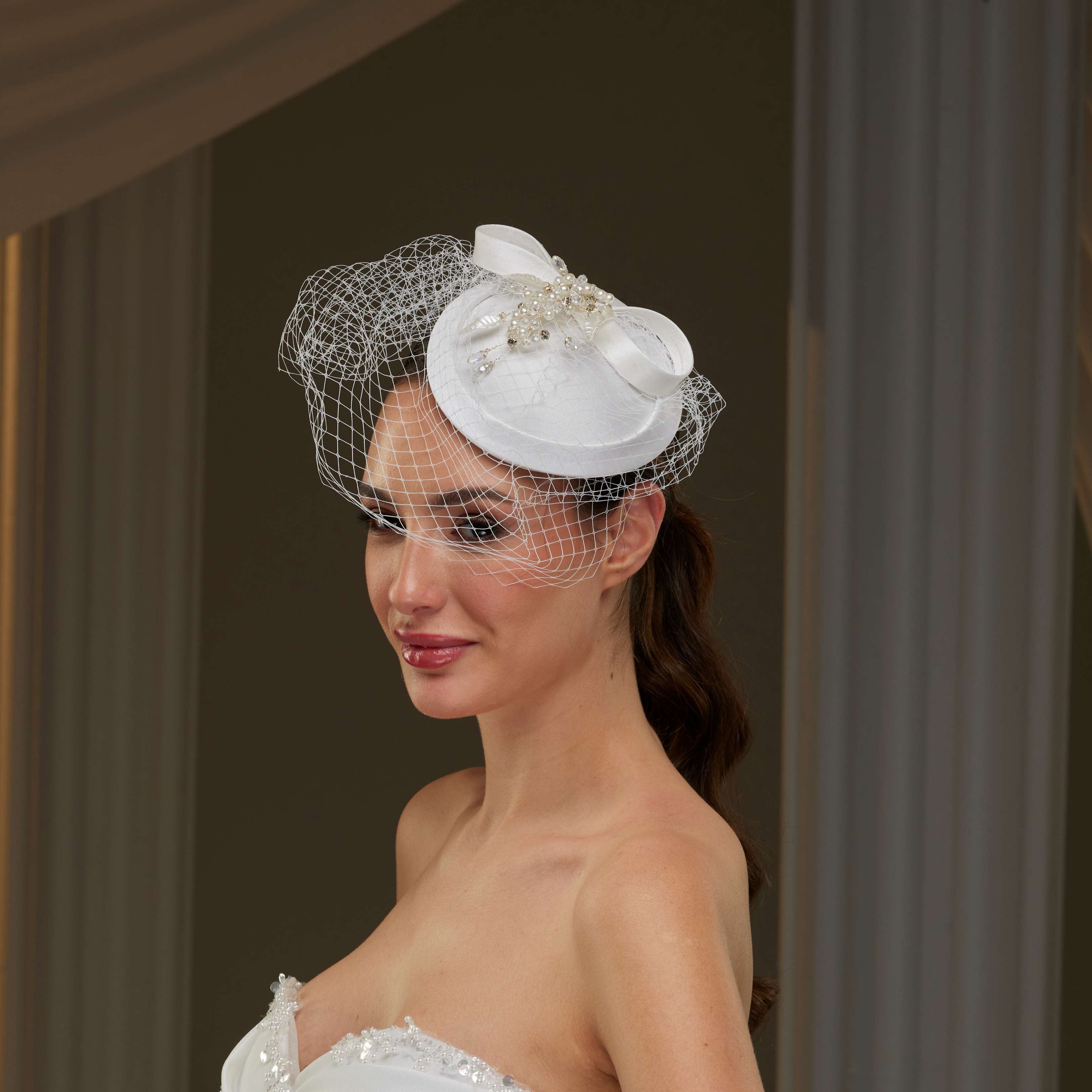 Handmade Bridal Fascinator with Pearls, Leaves - Glamourous Grace