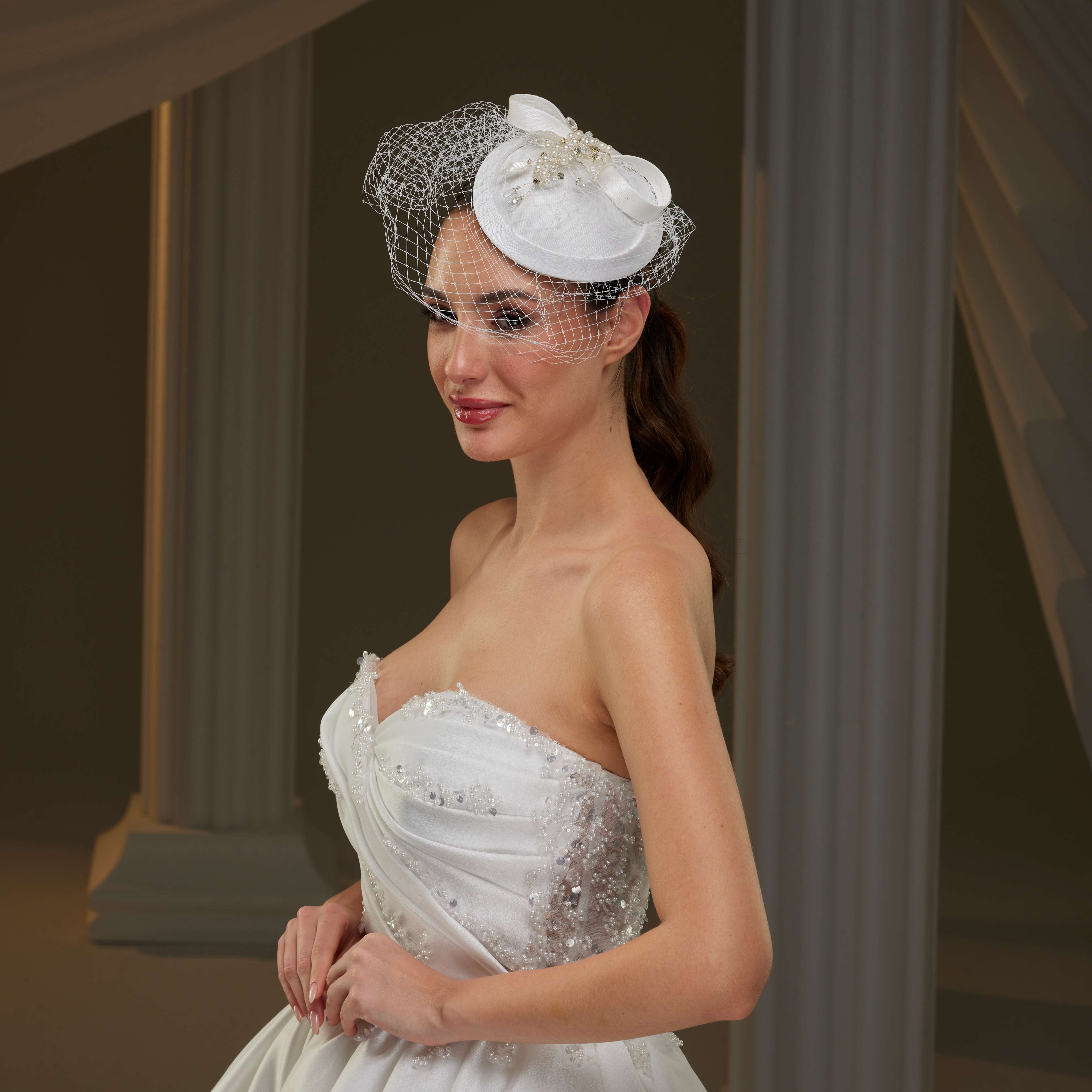Handmade Bridal Fascinator with Pearls, Leaves - Glamourous Grace