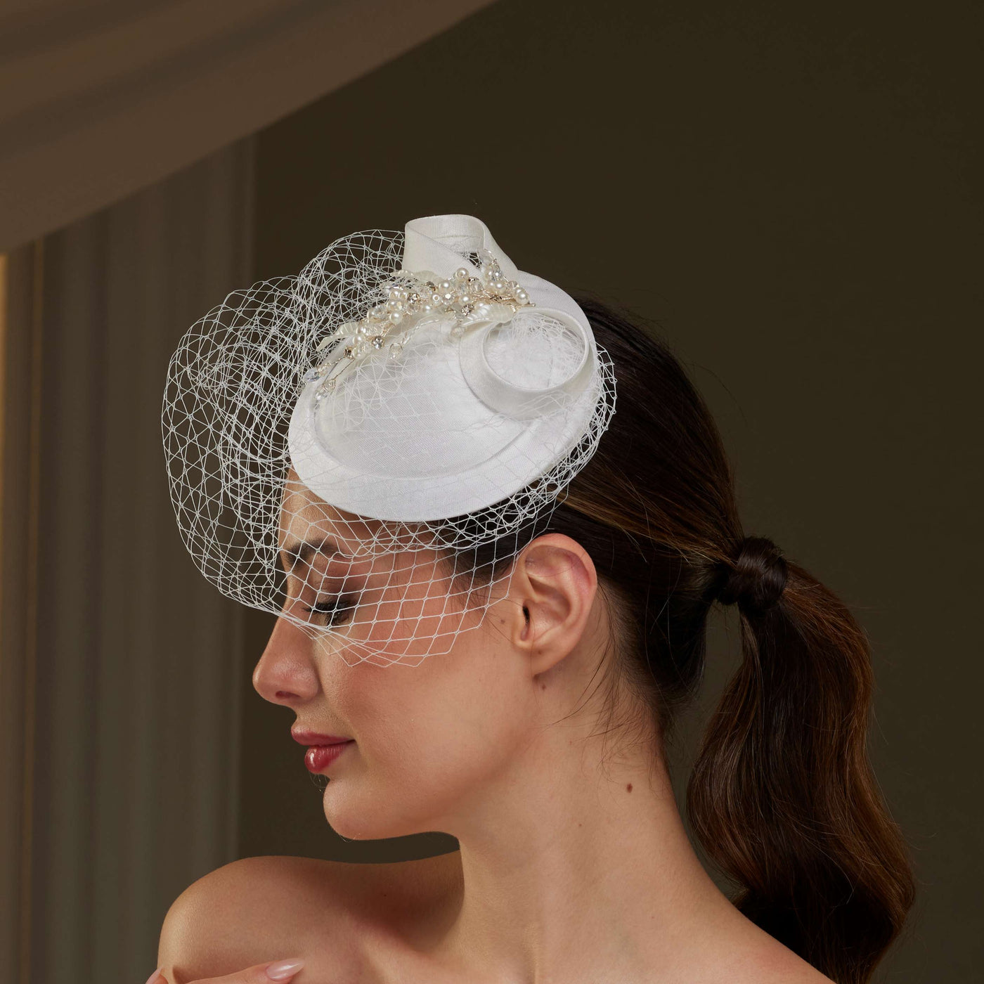 Handmade Bridal Fascinator with Pearls, Leaves - Glamourous Grace