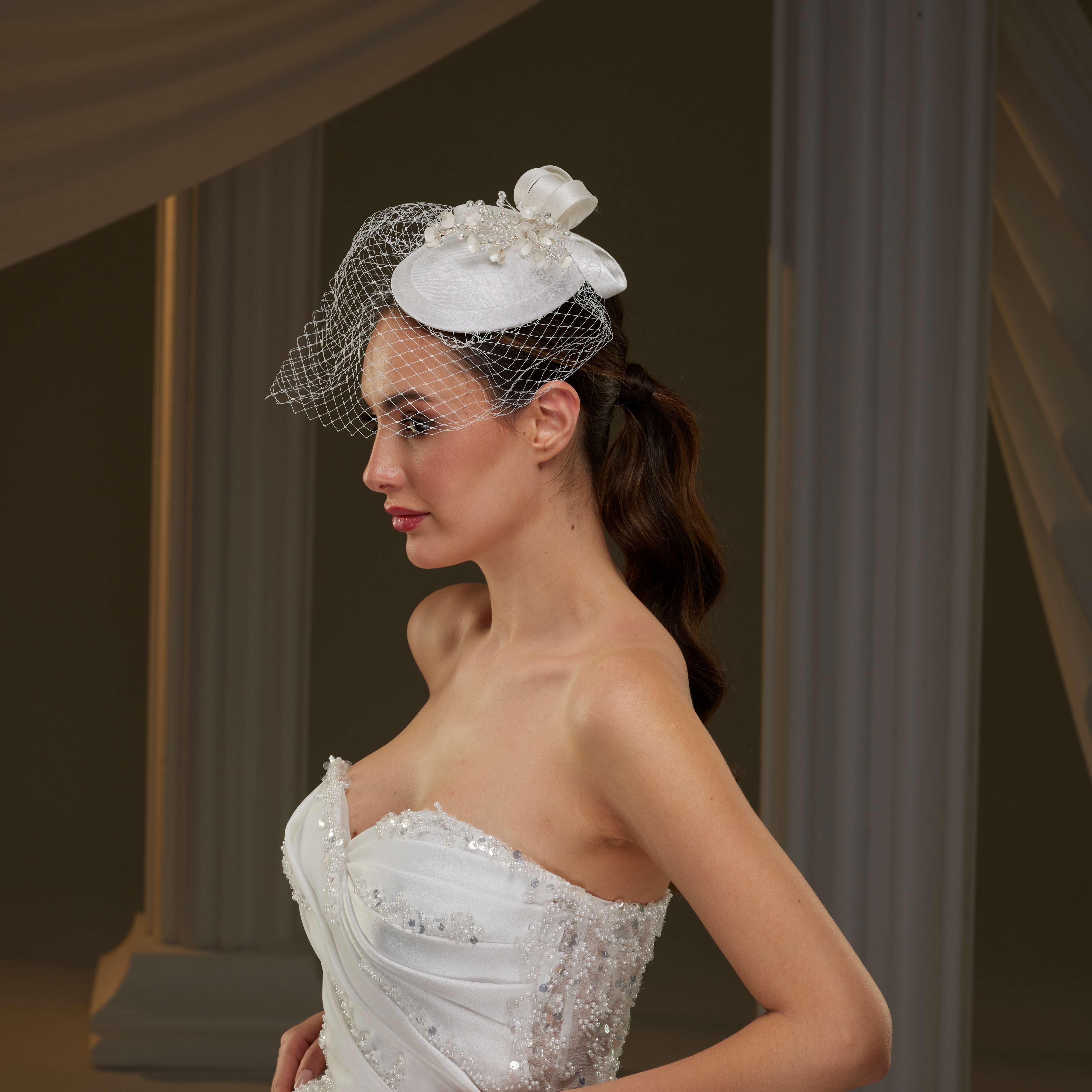 Handcrafted Bridal Fascinator with Ribbon Accents, Pearls & Birdcage Veil - Glamourous Grace