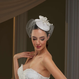 Handcrafted Bridal Fascinator with Ribbon Accents, Pearls & Birdcage Veil - Glamourous Grace