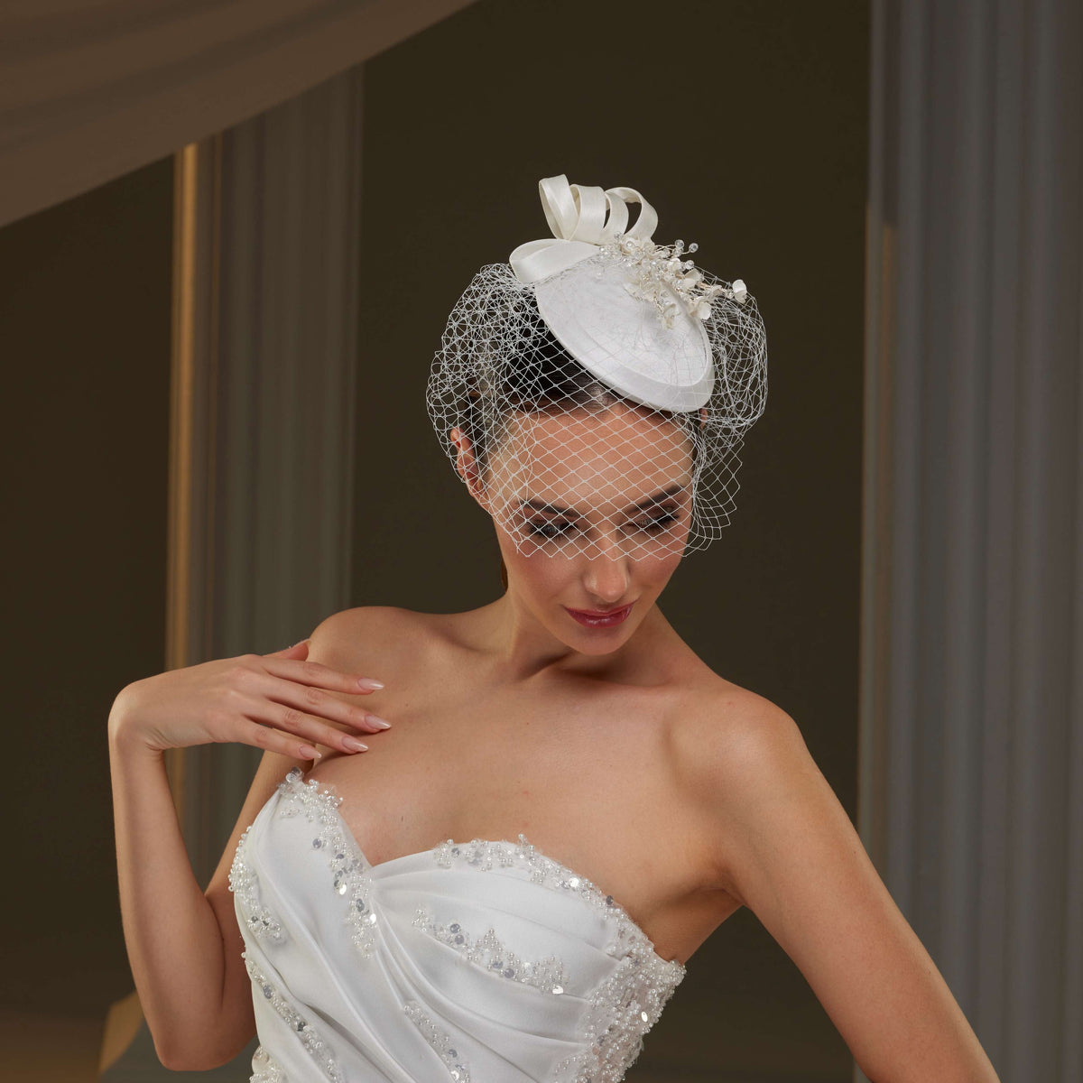 Handcrafted Bridal Fascinator with Ribbon Accents, Pearls & Birdcage Veil - Glamourous Grace