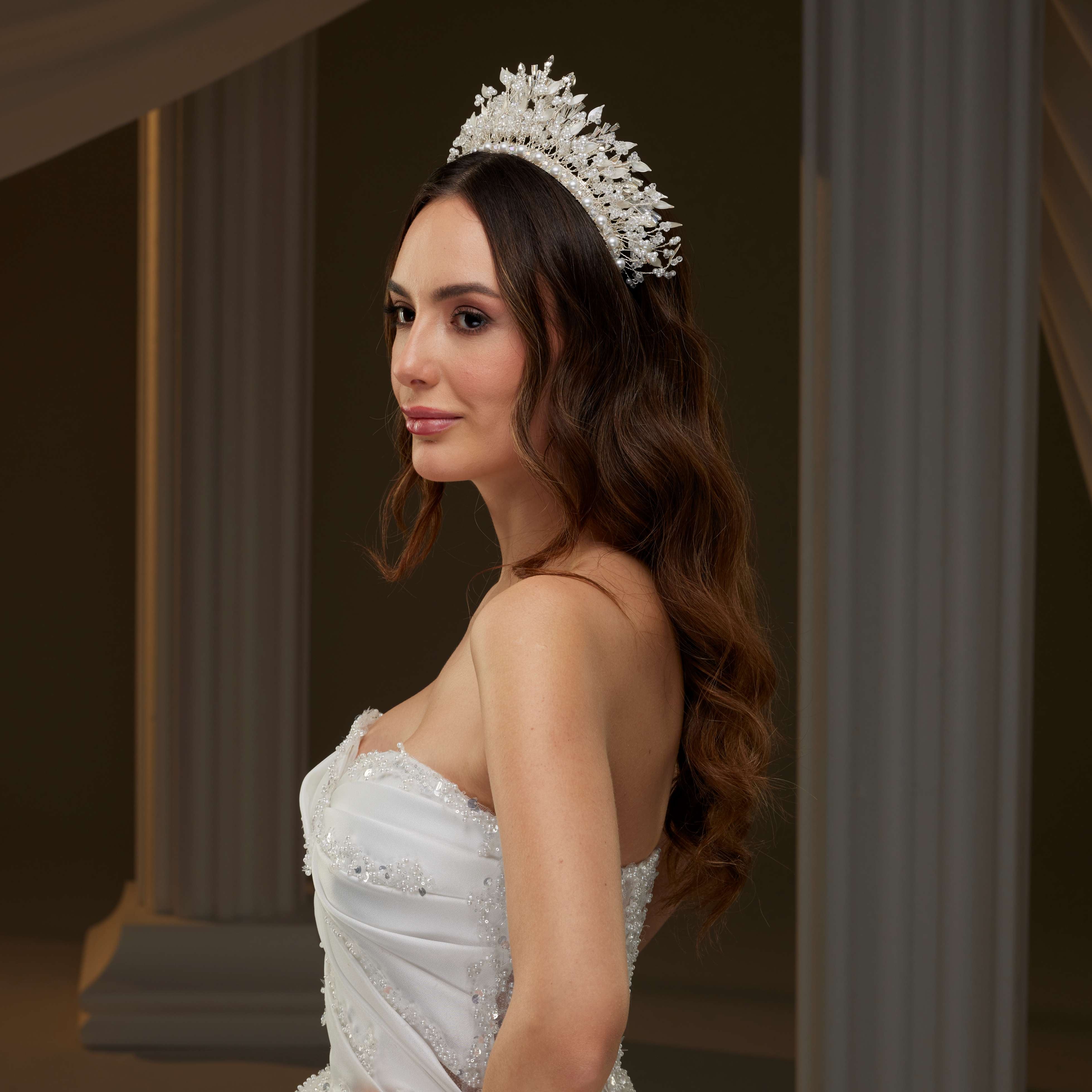 Luxury Bridal Tiara with Crystals & Pearls - Glamourous Grace