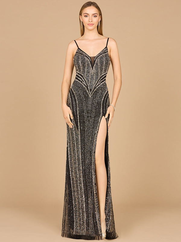 Spaghetti Strap Beaded Gown with Slit - Glamourous Grace
