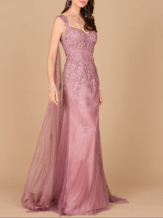 Embroidered Lace Gown with Flowing Capes - Glamourous Grace