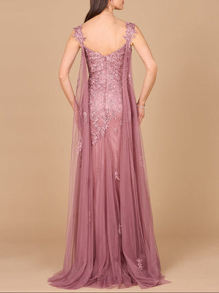 Embroidered Lace Gown with Flowing Capes - Glamourous Grace