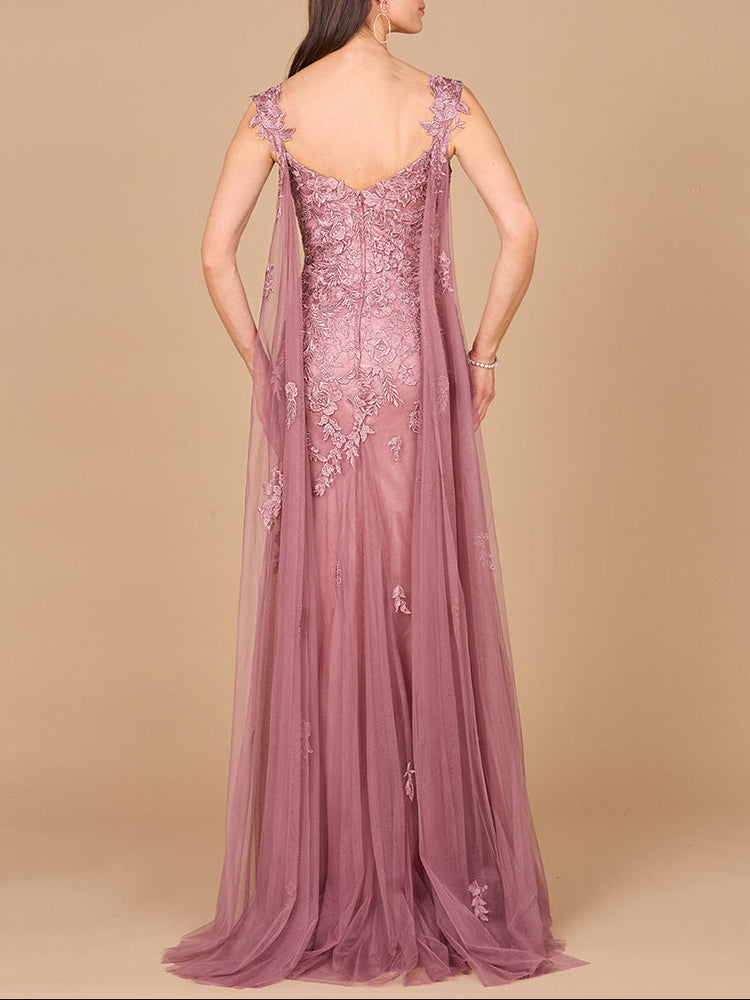 Embroidered Lace Gown with Flowing Capes - Glamourous Grace