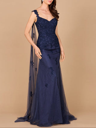 Embroidered Lace Gown with Flowing Capes - Glamourous Grace