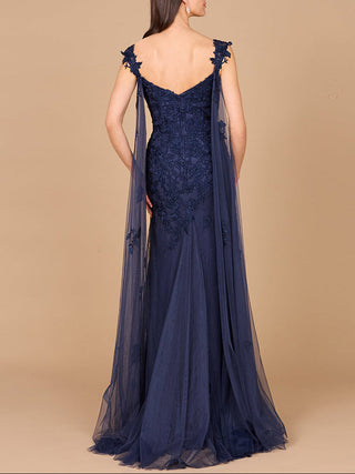 Embroidered Lace Gown with Flowing Capes - Glamourous Grace