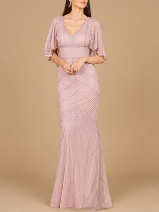 Cape Sleeve Beaded Gown - Glamourous Grace