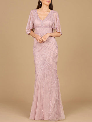 Cape Sleeve Beaded Gown - Glamourous Grace