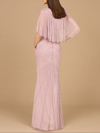 Cape Sleeve Beaded Gown - Glamourous Grace