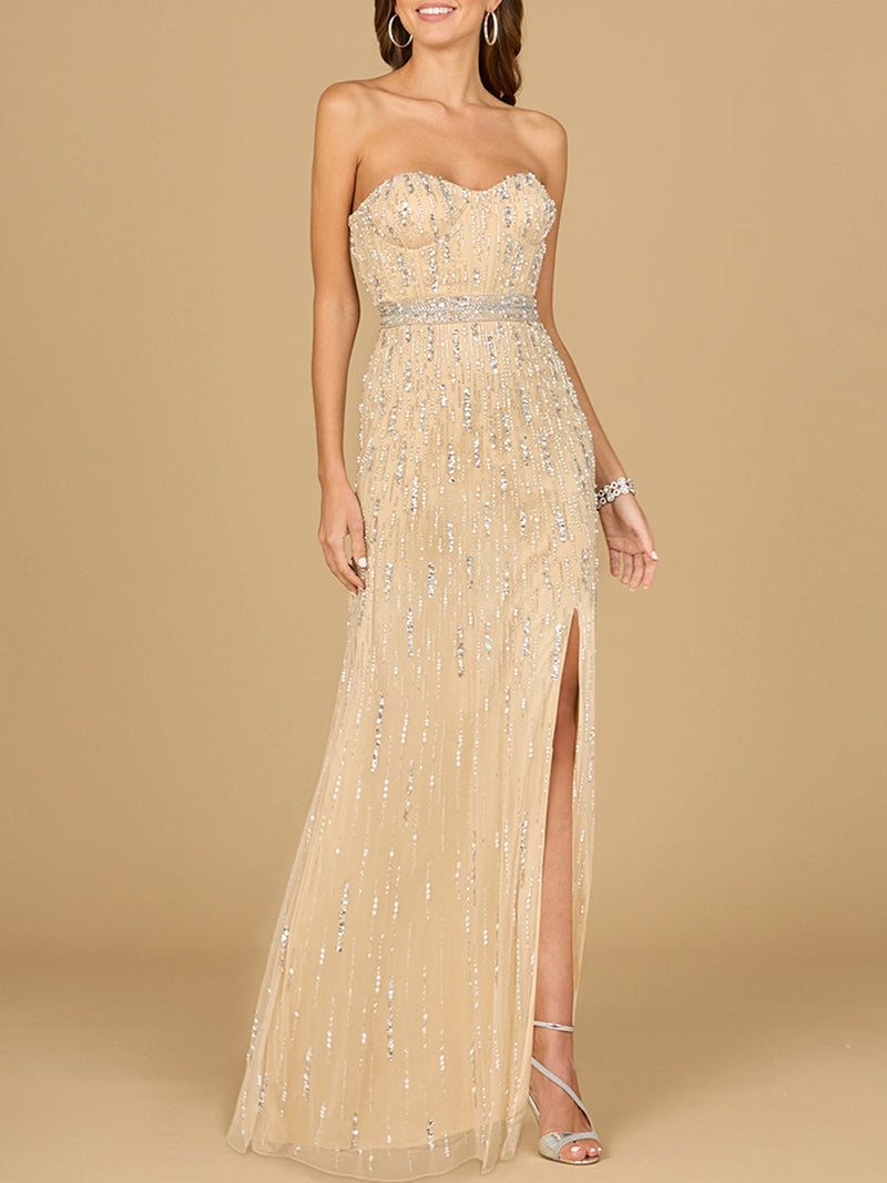 Strapless Beaded Gown with Slit  - OUTLET - Glamourous Grace