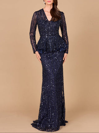 Long Sleeve Beaded Peplum Dress - Glamourous Grace