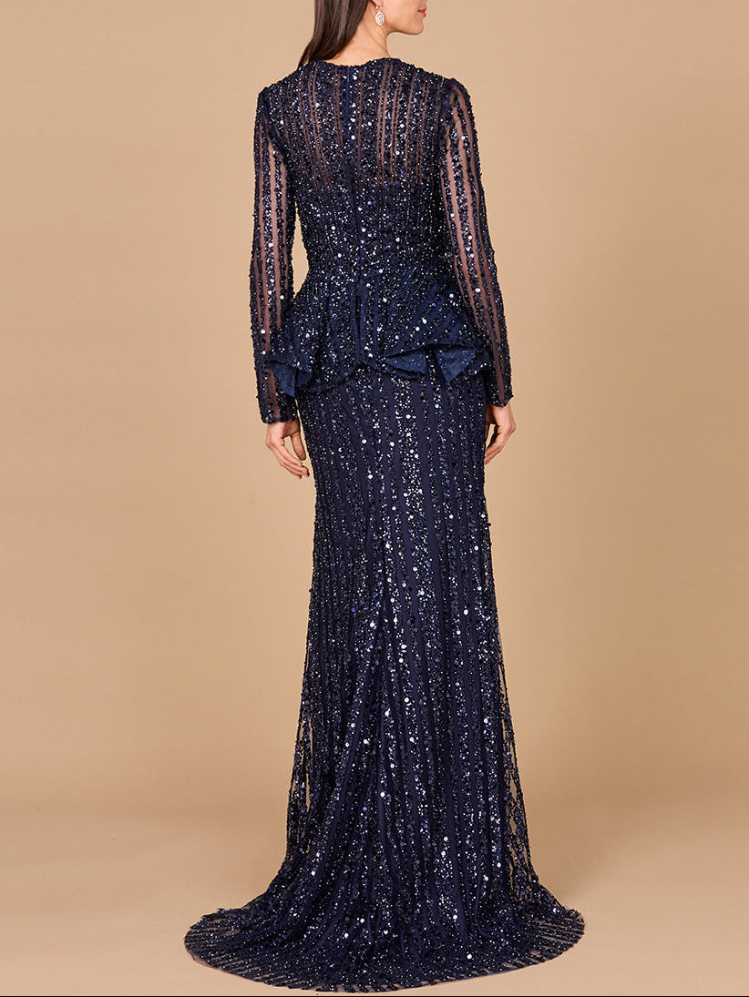Long Sleeve Beaded Peplum Dress - Glamourous Grace