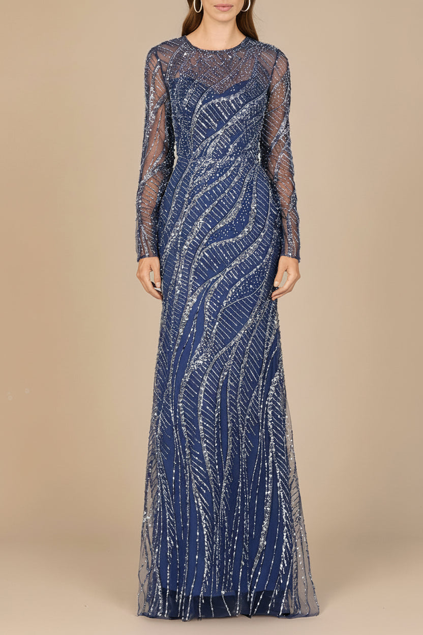 Long Sleeve Sheath Gown with Silver Beads - Glamourous Grace