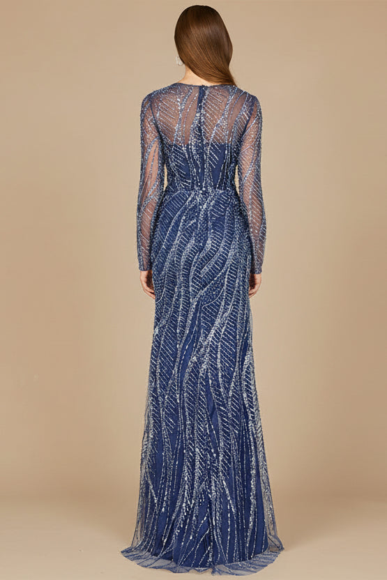 Long Sleeve Sheath Gown with Silver Beads - Glamourous Grace