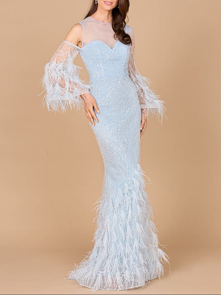 Cold Shoulder Mermaid Lace Gown with Feathers - OUTLET - Glamourous Grace