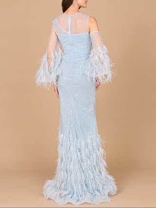 Cold Shoulder Mermaid Lace Gown with Feathers - OUTLET - Glamourous Grace