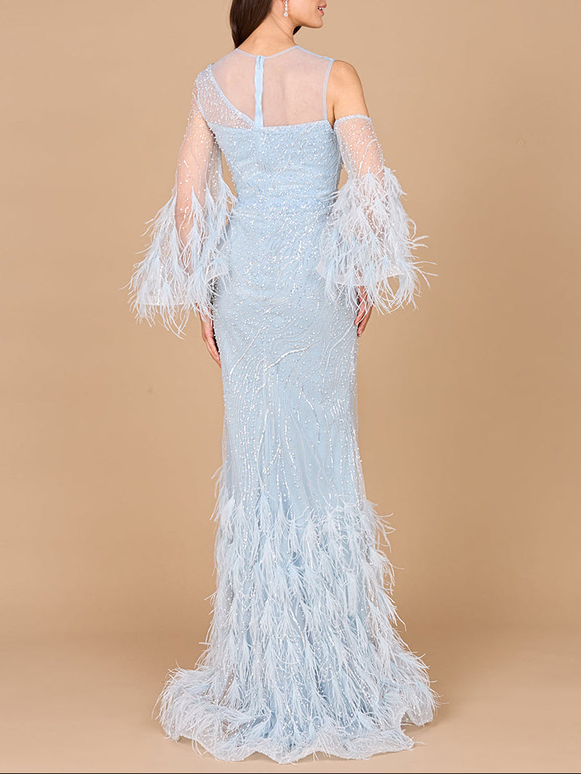 Cold Shoulder Mermaid Lace Gown with Feathers - OUTLET - Glamourous Grace