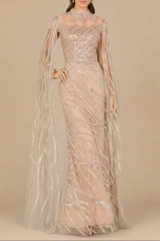 High Neck Gown with Long Cape Sleeves - Glamourous Grace