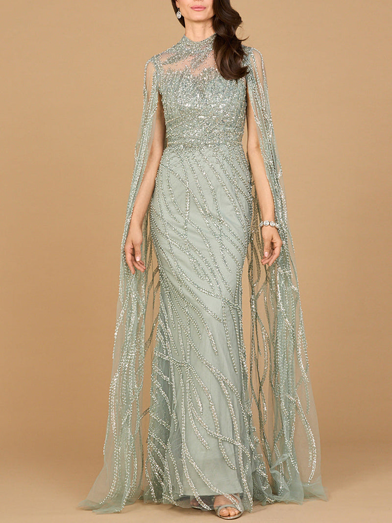High Neck Gown with Long Cape Sleeves - Glamourous Grace