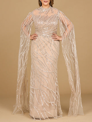 High Neck Gown with Long Cape Sleeves - Glamourous Grace