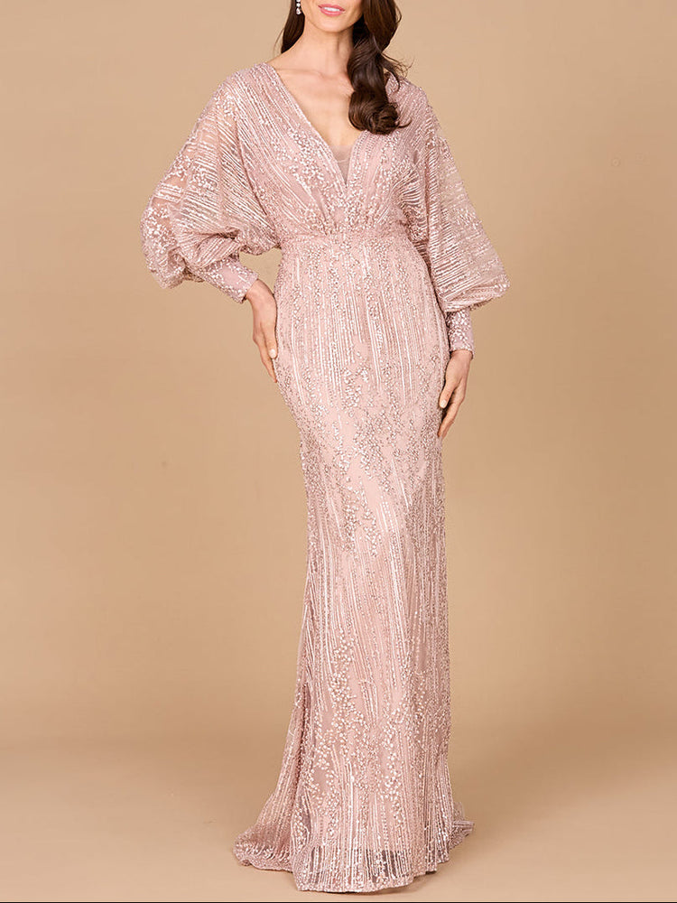 Long Bishop Sleeve Lace Gown - Glamourous Grace