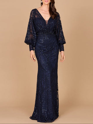 Long Bishop Sleeve Lace Gown - Glamourous Grace