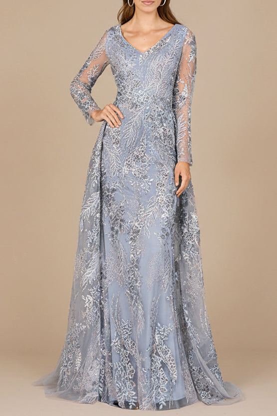 Lace Long Sleeve Gown with Overskirt - Glamourous Grace