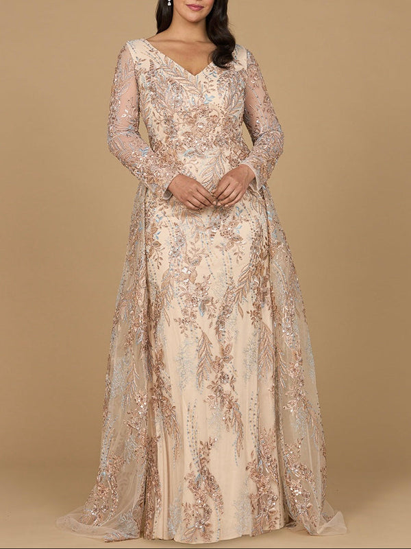 Lace Long Sleeve Gown with Overskirt - Glamourous Grace