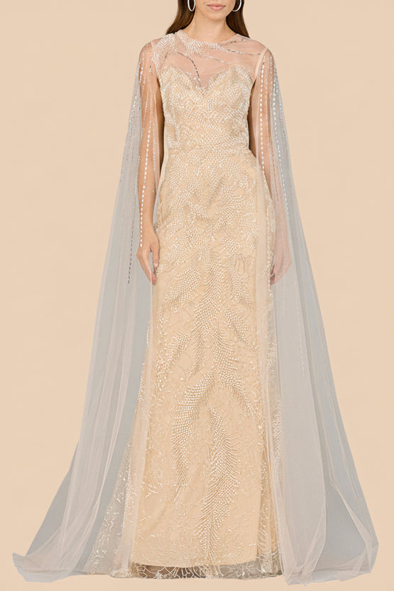 Long Cape Beaded Gown - Glamourous Grace