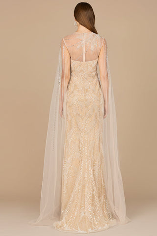 Long Cape Beaded Gown - Glamourous Grace