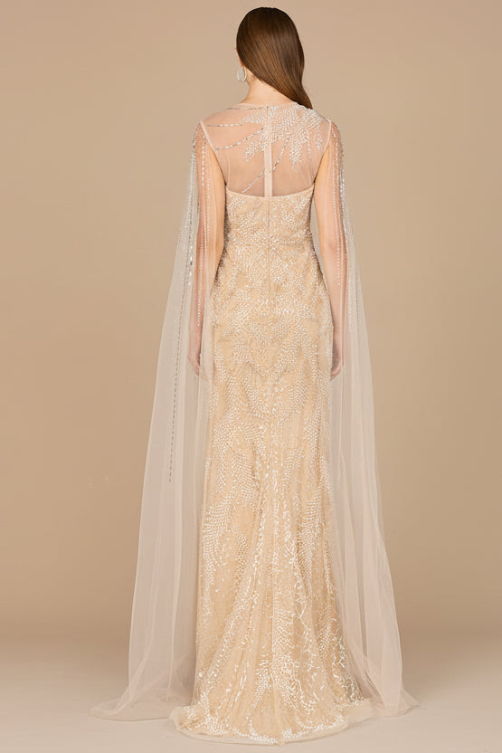 Long Cape Beaded Gown - Glamourous Grace