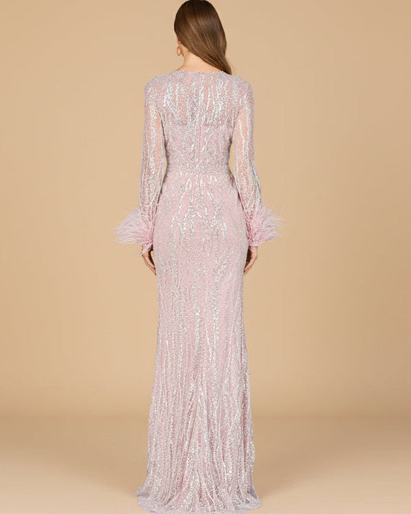 Long Sleeve Sheath Gown with Feathers - Glamourous Grace