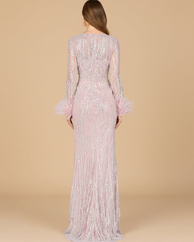 Long Sleeve Sheath Gown with Feathers - Glamourous Grace