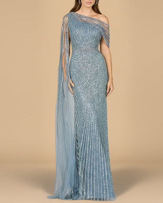 One Shoulder Fitted Gown with Cape Sleeve | Lara 29051 - Glamourous Grace