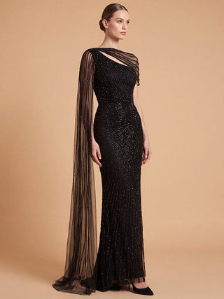 One Shoulder Fitted Gown with Cape Sleeve | Lara 29051 - Glamourous Grace