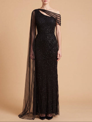 One Shoulder Fitted Gown with Cape Sleeve | Lara 29051 - Glamourous Grace