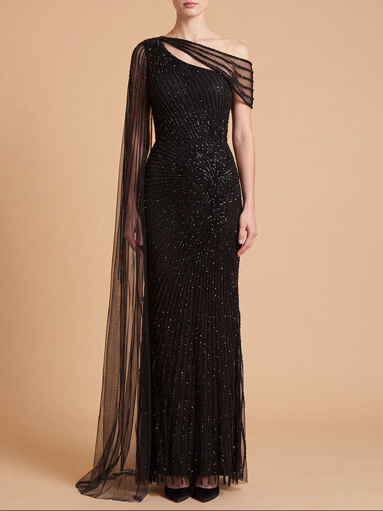 One Shoulder Fitted Gown with Cape Sleeve | Lara 29051 - Glamourous Grace