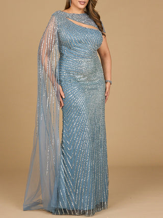 One Shoulder Fitted Gown with Cape Sleeve | Lara 29051 - Glamourous Grace