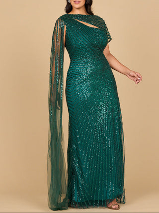 One Shoulder Fitted Gown with Cape Sleeve | Lara 29051 - Glamourous Grace